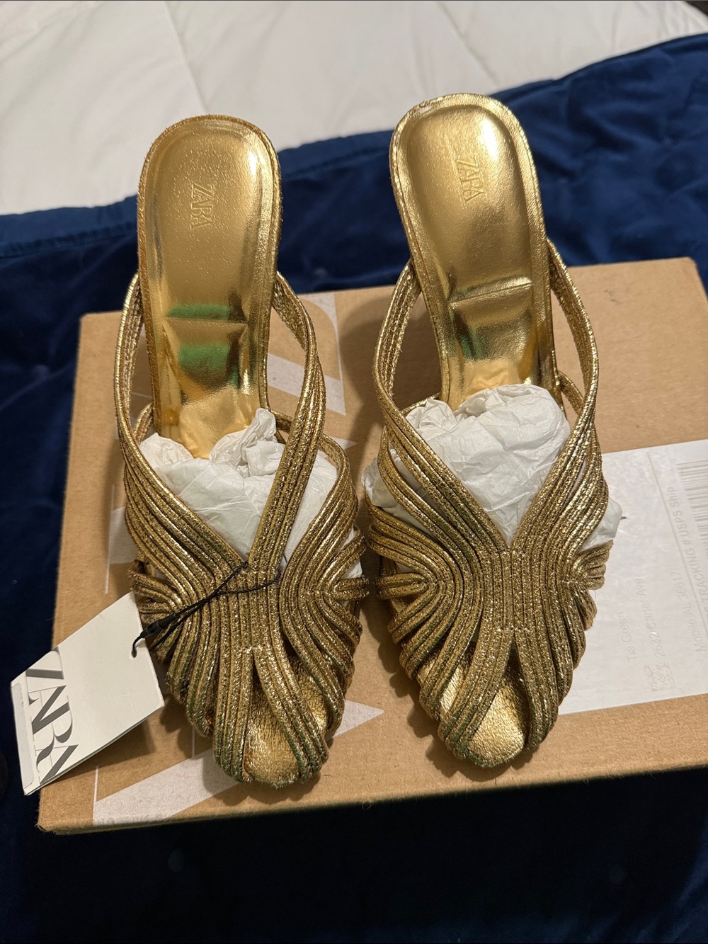 ZARA Metallic Gold Twisted Strap Mules